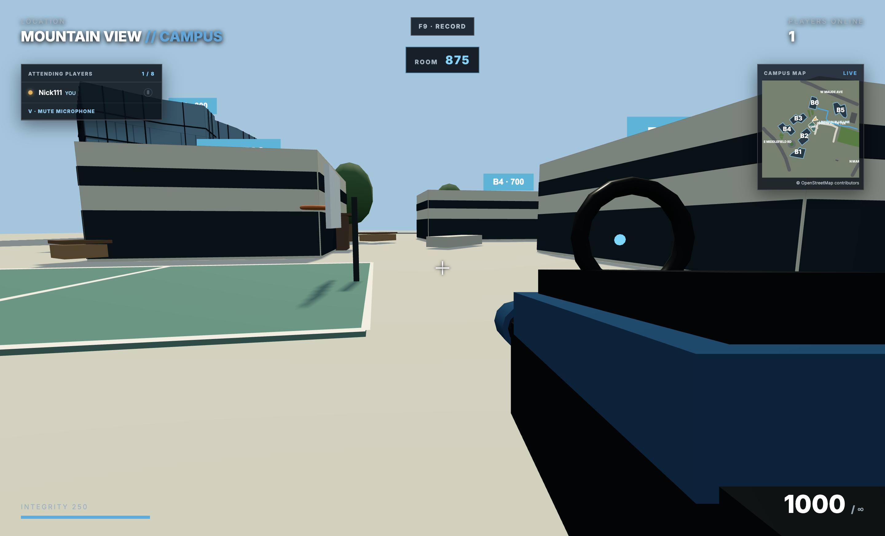 Gameplay view across a campus courtyard with a blue rifle and HUD