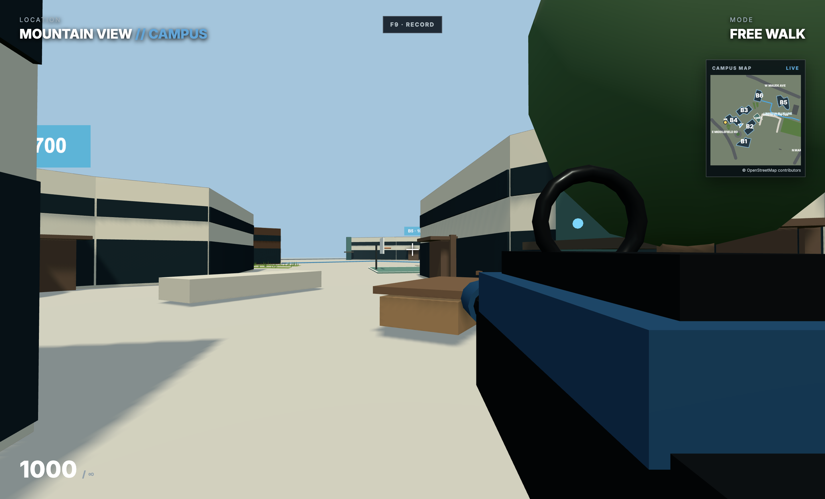 First-person view down a campus path with a live map HUD