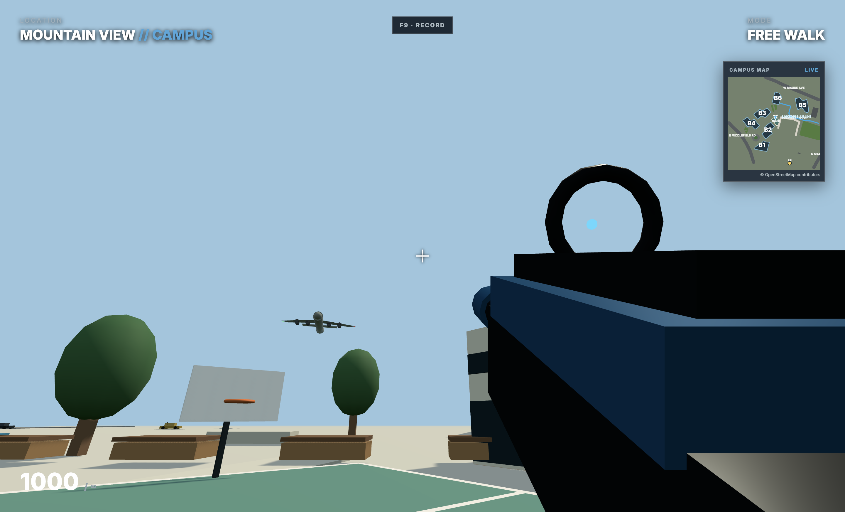 Gameplay view tracking an aircraft over the campus basketball court